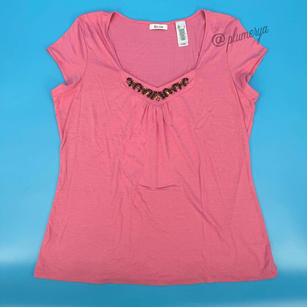 Liz & Co. Flowy Y2K Beaded Coral Summer Top Blouse Women's Size L